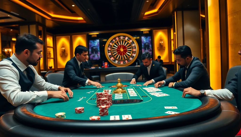 This vibrant casino scene features W88 poker players and a roulette wheel, capturing high-stakes excitement with professional dealers.