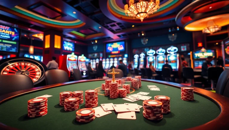 A luxurious casino scene highlighting 789win.com with poker chips, roulette wheels, and slot machines.