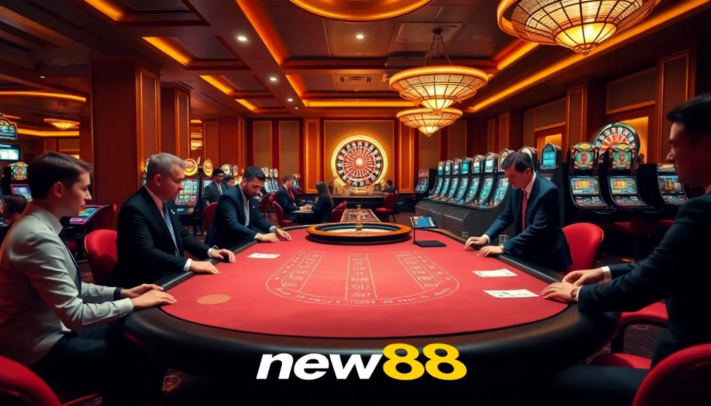 new88 casino gaming excitement with players betting at a luxurious blackjack table.