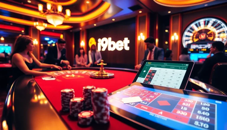 Excited players betting at a casino table with the i9bet logo, showcasing luxury gambling.
