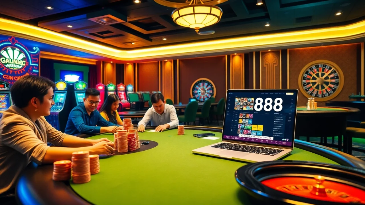 MM88 HOW gaming scene featuring poker, slot machines, and online gambling excitement.
