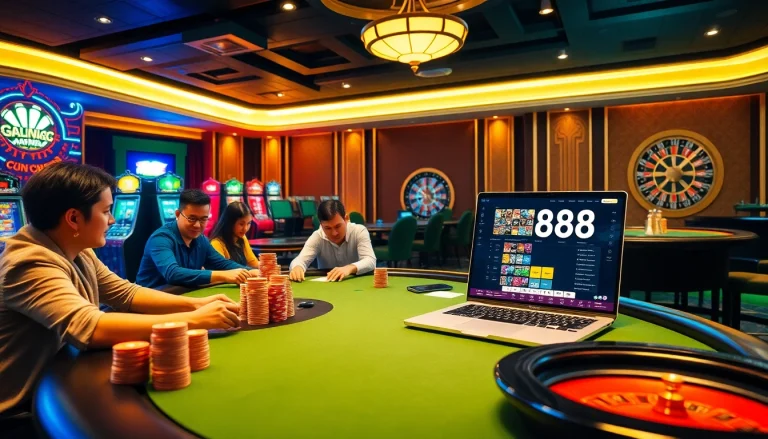 MM88 HOW gaming scene featuring poker, slot machines, and online gambling excitement.