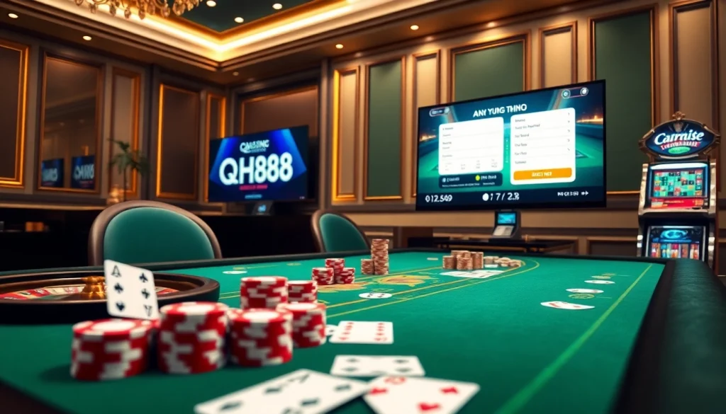 Exciting online casino scene showcasing Đăng Ký QH88 registration with elegant gaming elements.