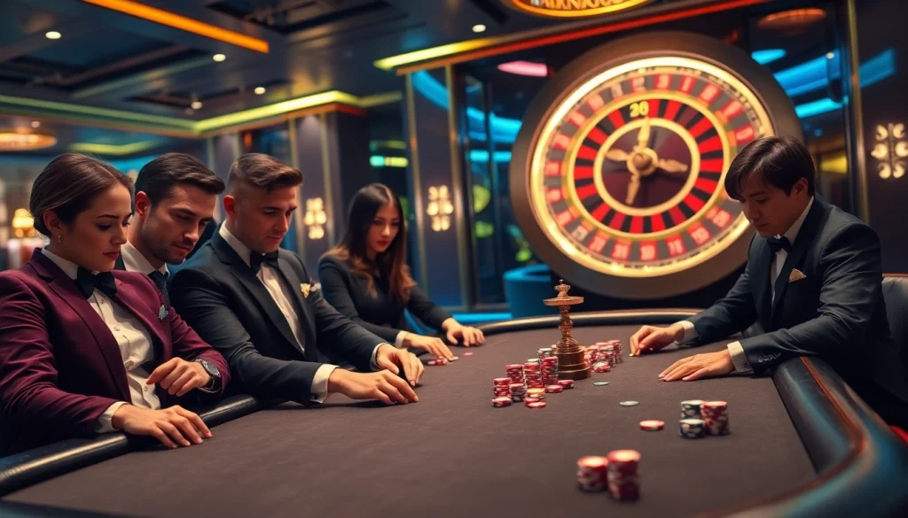 Excited players at a Jun88 poker table with vibrant casino elements.