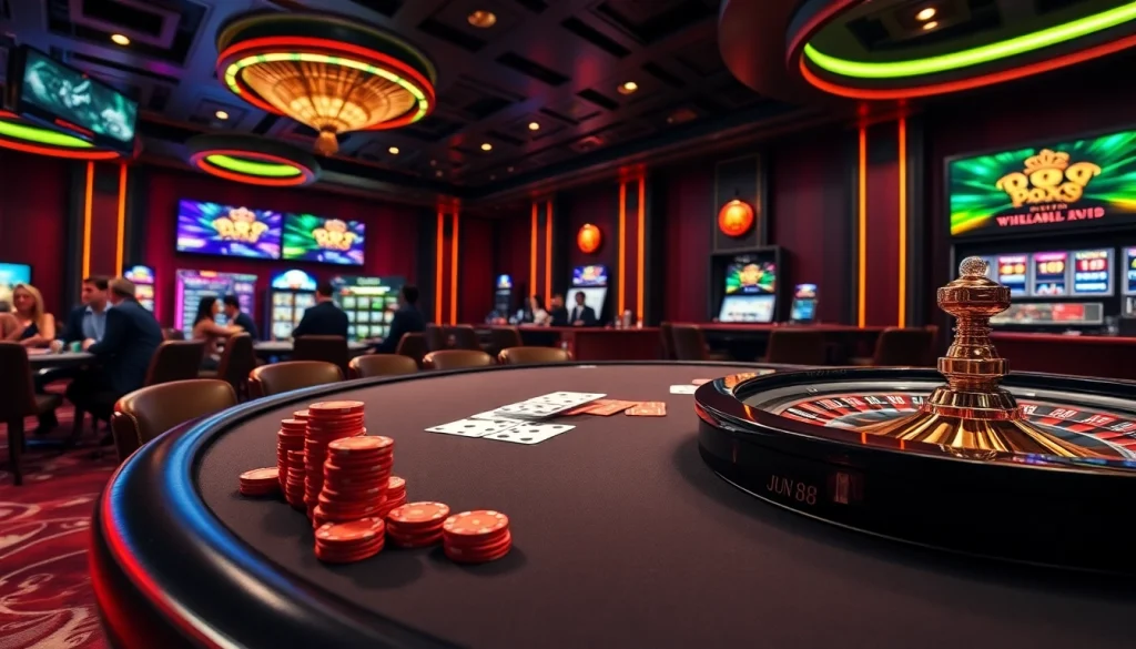 Experience the excitement at Jun 88 with players at a polished poker table and vibrant casino games.