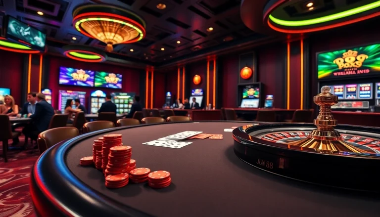 Experience the excitement at Jun 88 with players at a polished poker table and vibrant casino games.
