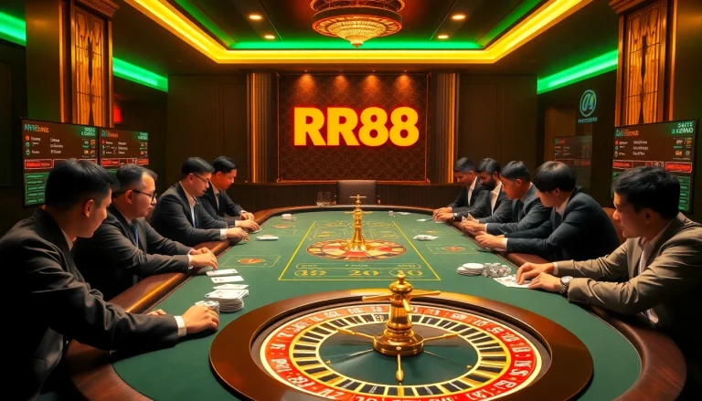 Experience the thrilling atmosphere of online gaming at https://rr88.pizza/ with luxurious poker tables and vibrant casino elements.