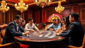 Engage in a thrilling poker game at an upscale casino, focusing on "Nếu như vậy bám vào đây" strategy and excitement.
