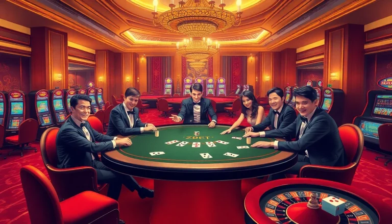 Dynamic gaming scene showcasing nhà cái zbet, featuring poker players, slot machines, and a roulette wheel for an engaging atmosphere.