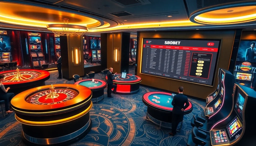SBOBET platform illustrated with players engaging in casino games showcasing excitement and luxury.