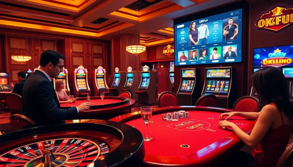 Experience thrilling gameplay at OKFUN with vibrant poker tables and roulette wheels.
