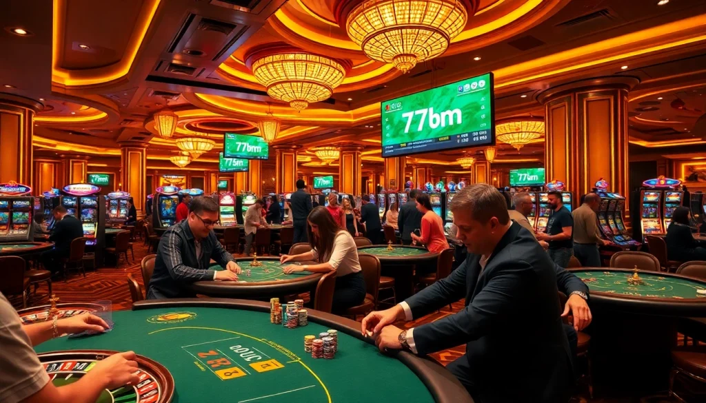 Exciting 7m casino action with players engaging at poker tables and digital sports updates.
