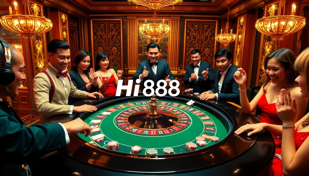 Players enjoying the excitement of Hi888 at a luxurious casino roulette table.