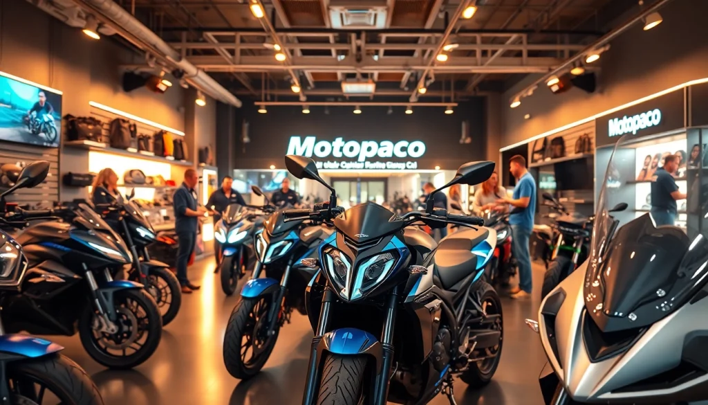 Vue captivante de la concession Motopaco moderne, présentant des designs innovants et des clients enthousiastes.