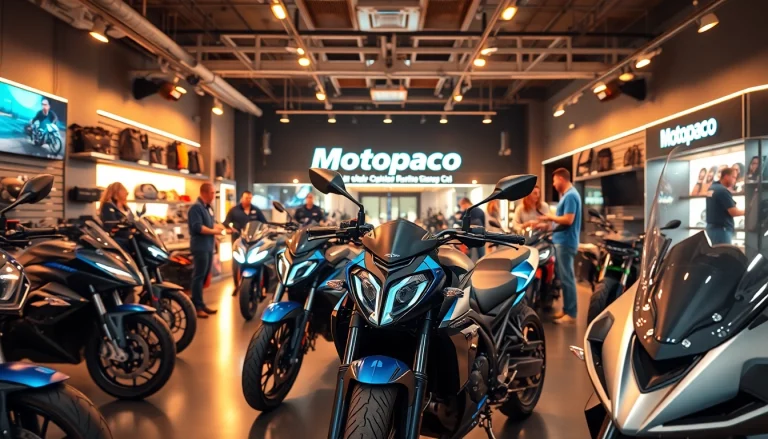 Vue captivante de la concession Motopaco moderne, présentant des designs innovants et des clients enthousiastes.