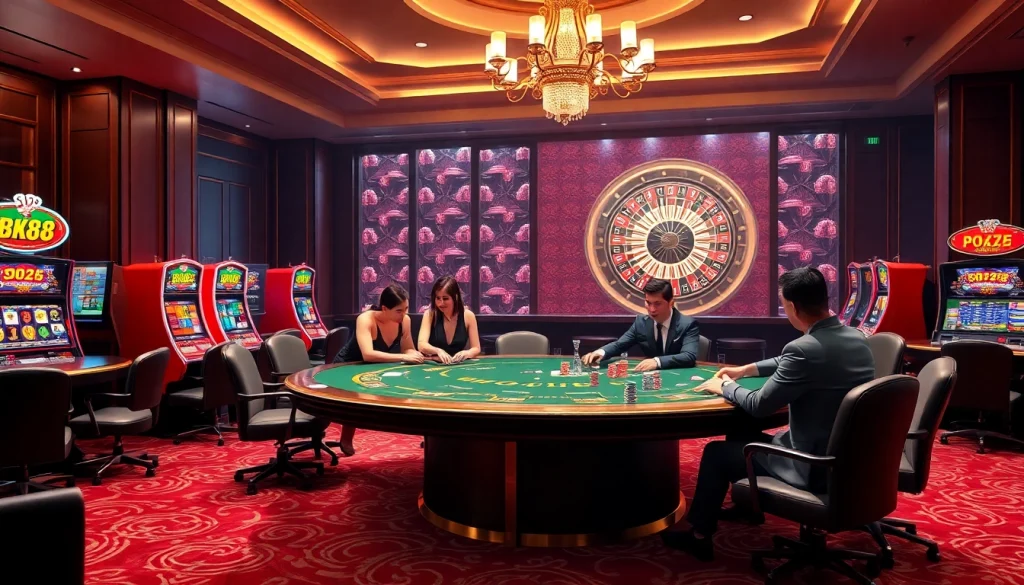 Exciting poker game scene at nhà cái BK8, showcasing players and vibrant casino elements.