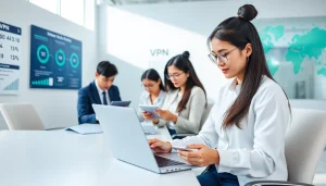 Dynamic office scene demonstrating 快连官网 VPN use, highlighting speed and connectivity.