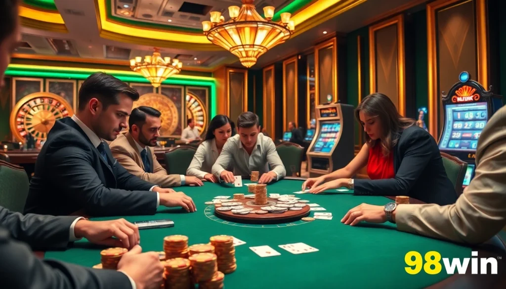 Exciting poker action at 98win casino, showcasing gamblers engaging in high-stakes play.