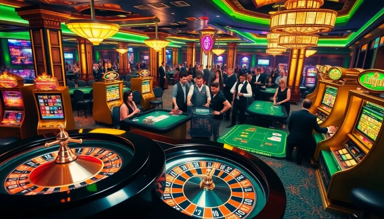 Players engaged in thrilling gambling action at Jun 88 casino with roulette and poker tables.