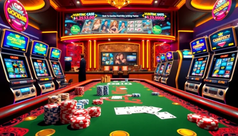 Good88 casino scene featuring colorful poker chips and vibrant slot machines in an exciting setting.