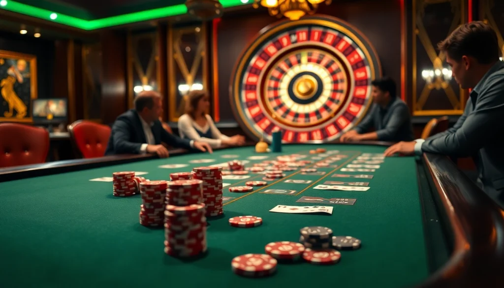 Players engaging at a luxurious blackjack table in a vibrant casino scene featuring nk88 elements.