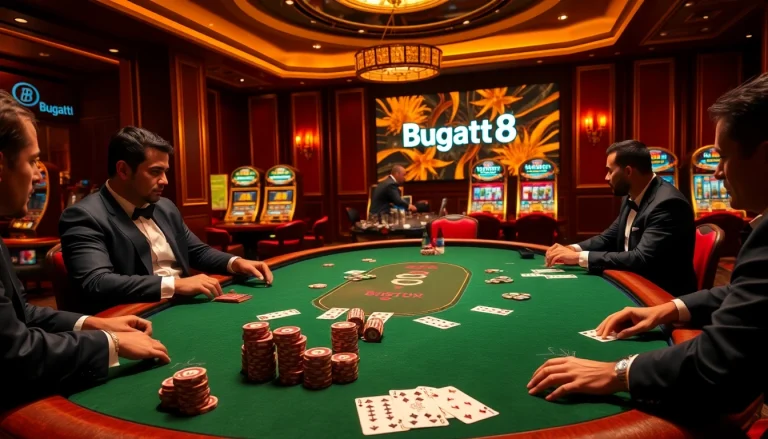 Engage with Bugatti8's luxurious casino experience featuring intense poker action and elegant ambiance.