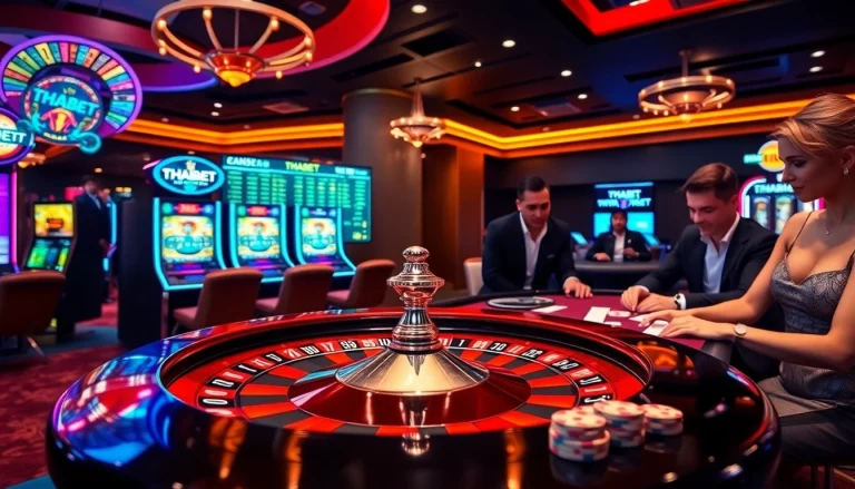 THABET casino players enjoying an exciting game of poker with vibrant chips.