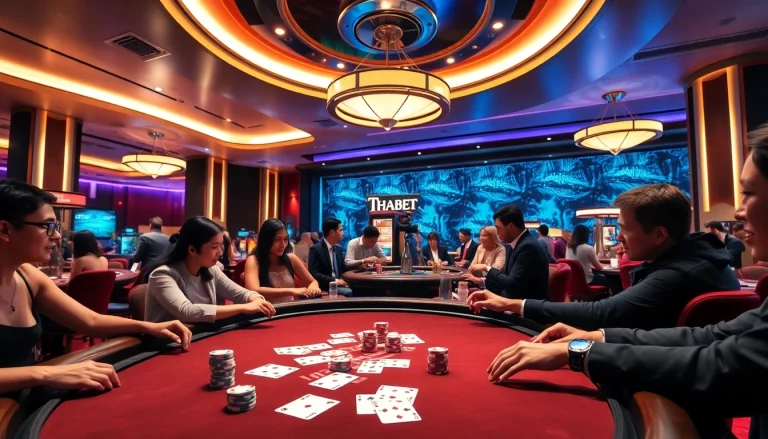 Thrilling casino atmosphere showcasing THABET's vibrant online gaming experience, with players engaged at a poker table.