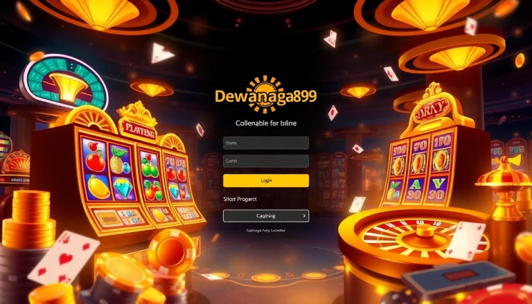 Antarmuka login Dewanaga89 slot yang menampilkan mesin slot berwarna-warni dan elemen kasino.