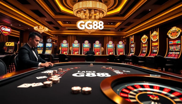 Experience thrilling gaming at GG88 casino with elegant poker tables and vibrant slot machines.