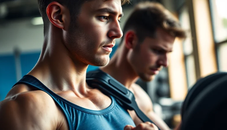 Shoulder brace for weightlifting during an intense gym workout session.