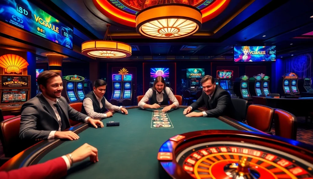 Players enjoying an exciting moment at the Vua99 casino poker table surrounded by vibrant gaming displays.