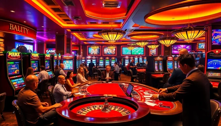 Excitement in a luxurious casino illustrating 슬롯커뮤니티 with engaged gamblers and vibrant slot machines.