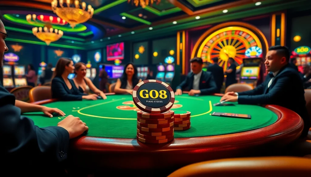 Experience the excitement of GO8 poker with vibrant chips, roulette wheels, and cheering players.