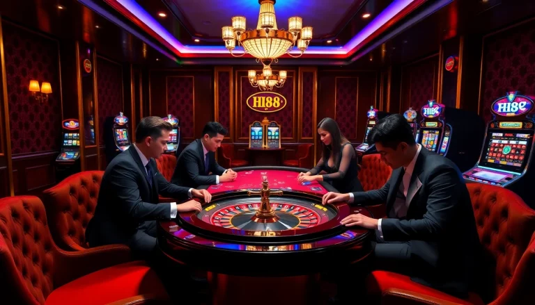 Players enjoying a thrilling game at HM88's luxurious live casino, showcasing poker and roulette.