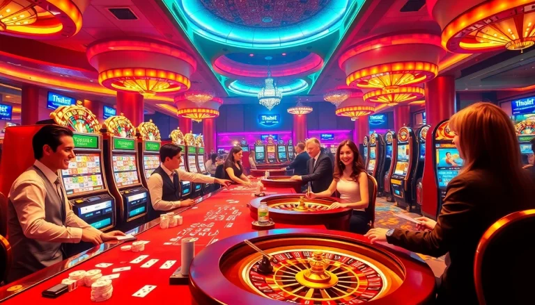 Engaging gamblers at Thabet's vibrant casino, showcasing thrilling tables and slot machines.