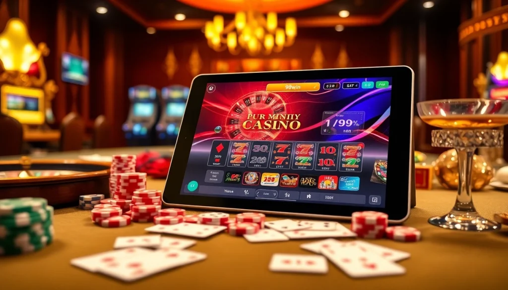 Engaging scene showcasing 98win's luxurious online casino with vibrant tables and stylish gaming accessories.
