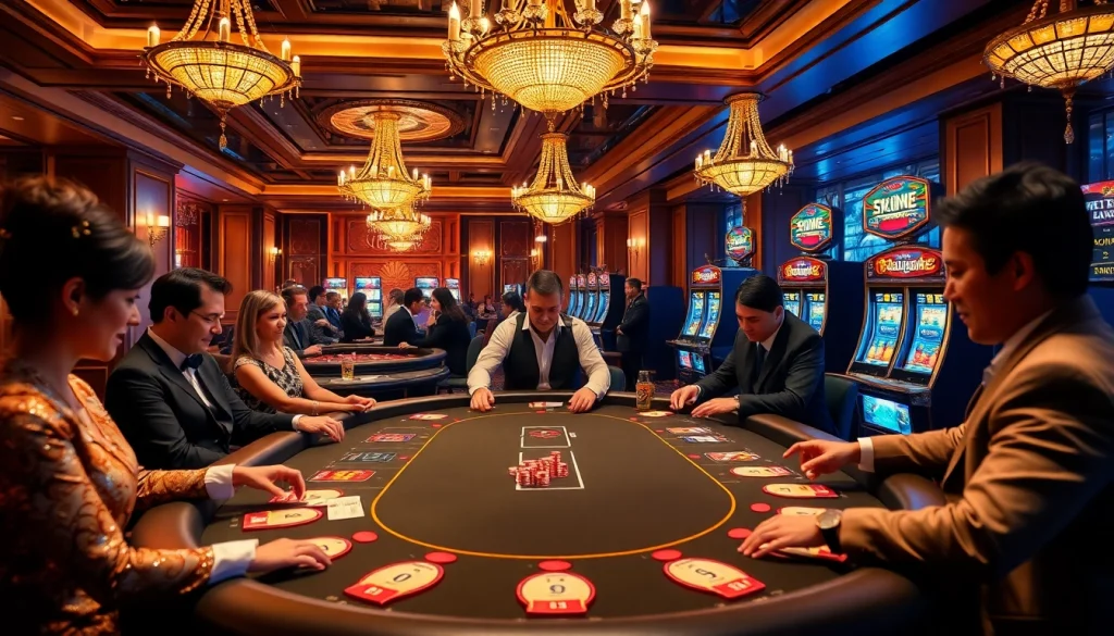 Players enjoying a thrilling gaming experience at nhà cái usbet's luxurious live dealer table in a vibrant casino atmosphere.