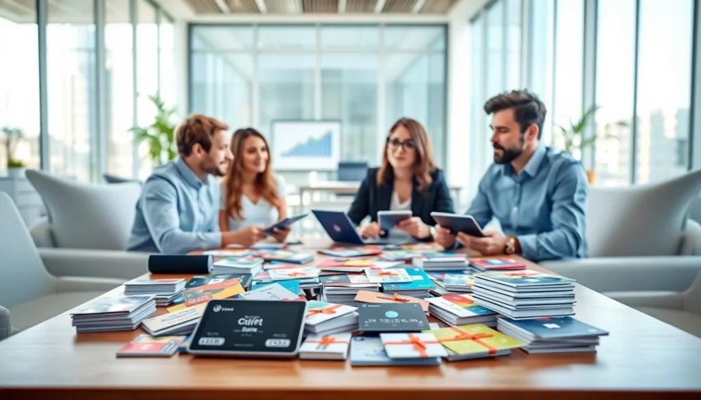 현대적 사무실 환경에서 전문가들이 결제 솔루션을 논의하는 가운데 상품권카드 옵션을 탐색하는 모습.