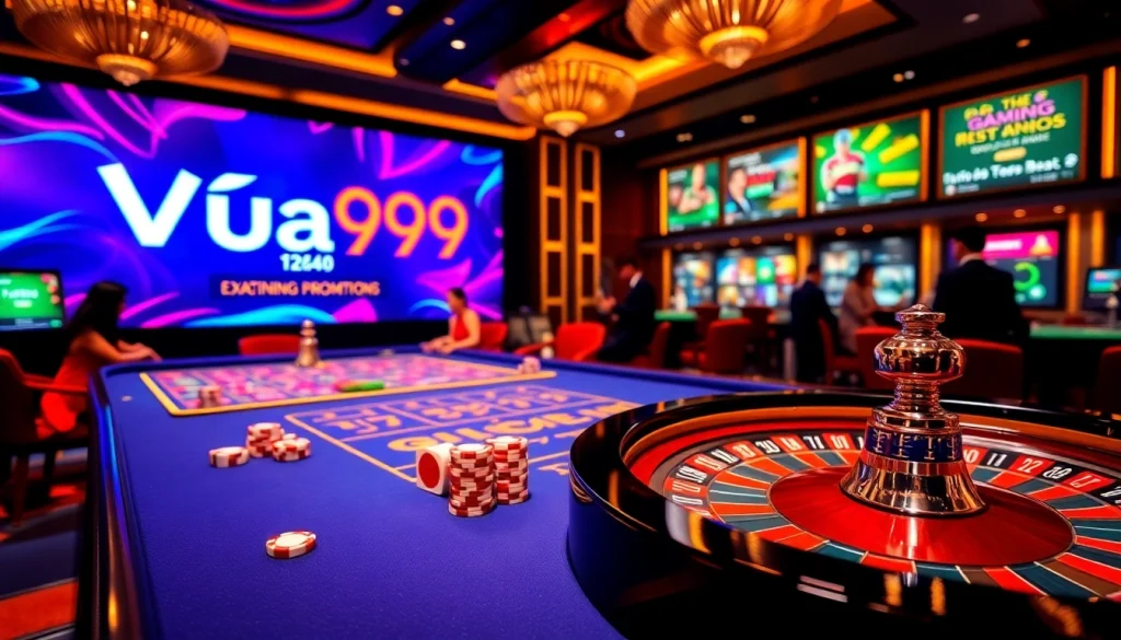 Vua99 casino scene showcasing vibrant poker chips and roulette, capturing gambling excitement.