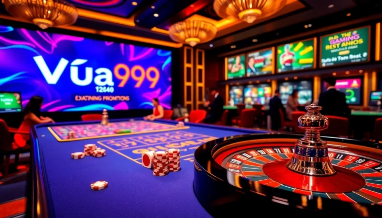 Vua99 casino scene showcasing vibrant poker chips and roulette, capturing gambling excitement.