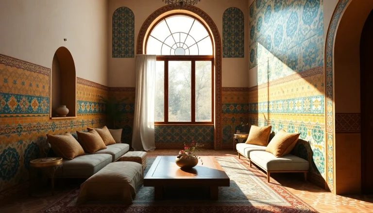 Carreaux de zellige dans un salon marocain chaleureux mettant en valeur des couleurs vibrantes et des motifs complexes.