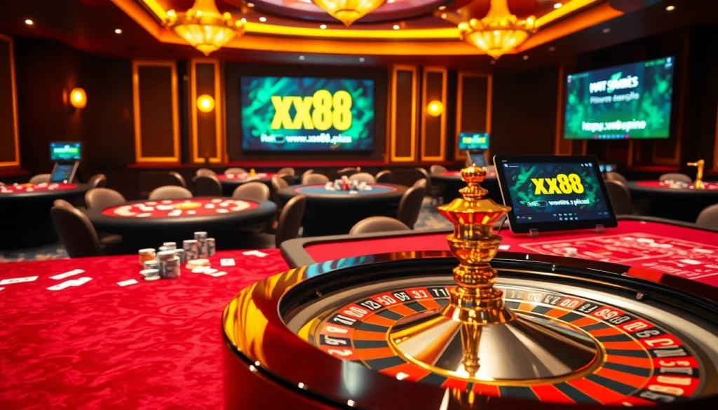 Exciting gambling action at https://xx88.pizza/, featuring poker chips and a roulette wheel in a luxurious casino setting.