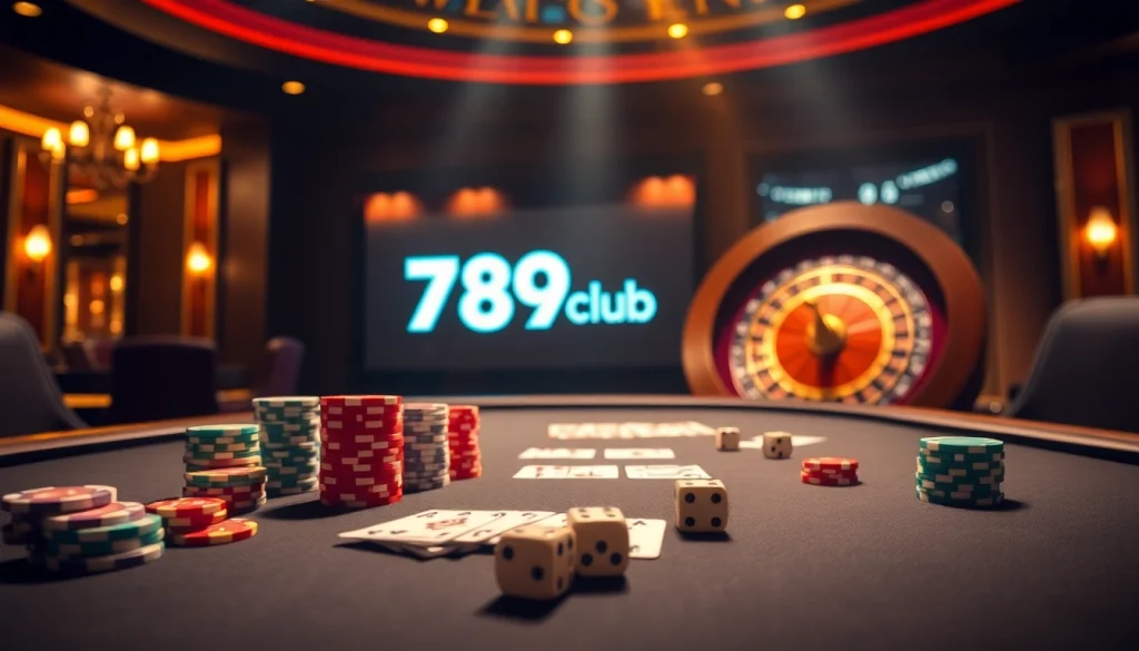 Experience high-stakes gaming at 789club with luxury casino elements, poker chips, and vivid action.