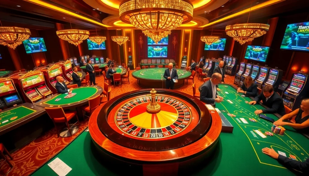 Experience the excitement of Neo79 at a luxurious casino with roulette and vibrant slot machines.