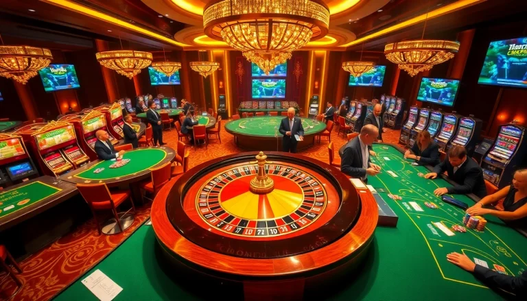 Experience the excitement of Neo79 at a luxurious casino with roulette and vibrant slot machines.
