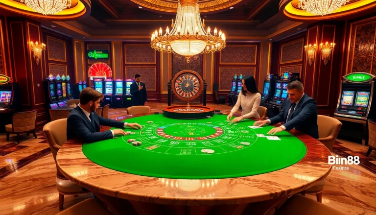 Experience the thrill of Baccarat at Bin88's luxurious casino, with vibrant colors and dynamic players.