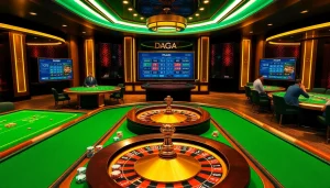 DAGA gambling scene with poker chips and roulette wheels in a luxurious casino atmosphere.