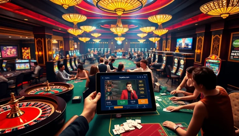 Experience the thrill of gambling at kuwin.com with vibrant casino visuals, roulette, and poker tables.