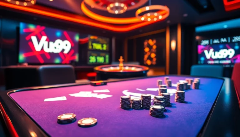 Experience the excitement of Vua99 sports betting with vibrant cards and casino elements.